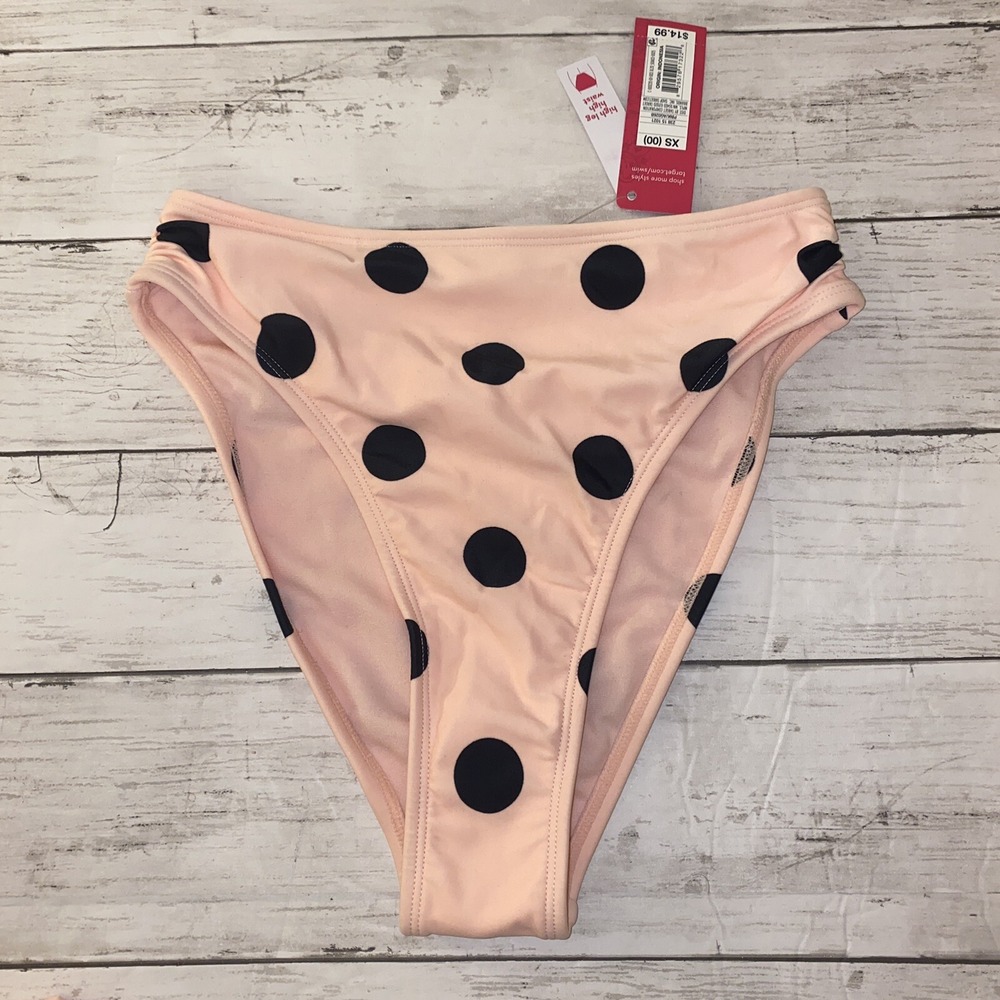 Xhilaration Bikini Bottom Womens‎ XS Pink Black Polka Dot High Waist Leg Swim XS